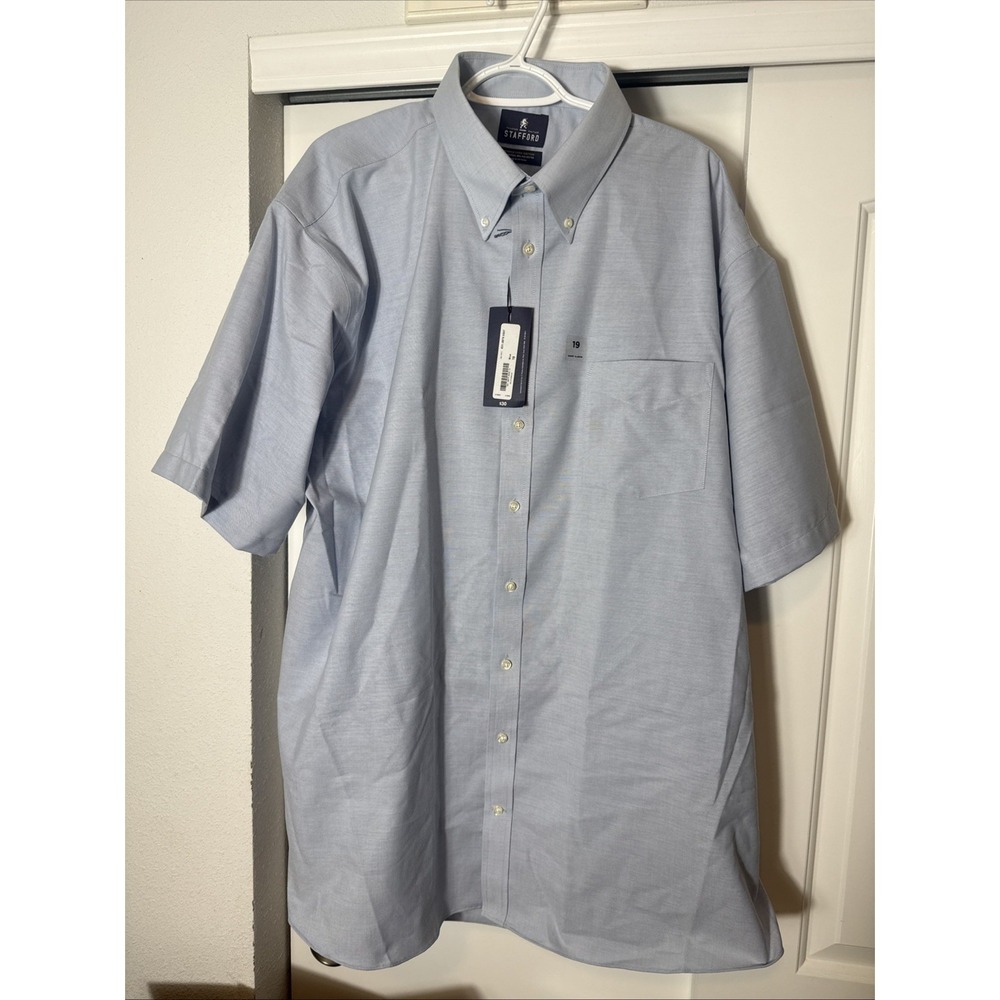 Stafford Shirt Mens Size 19 Big, Blue Wrinkle Free Oxford Short Sleeve NWT